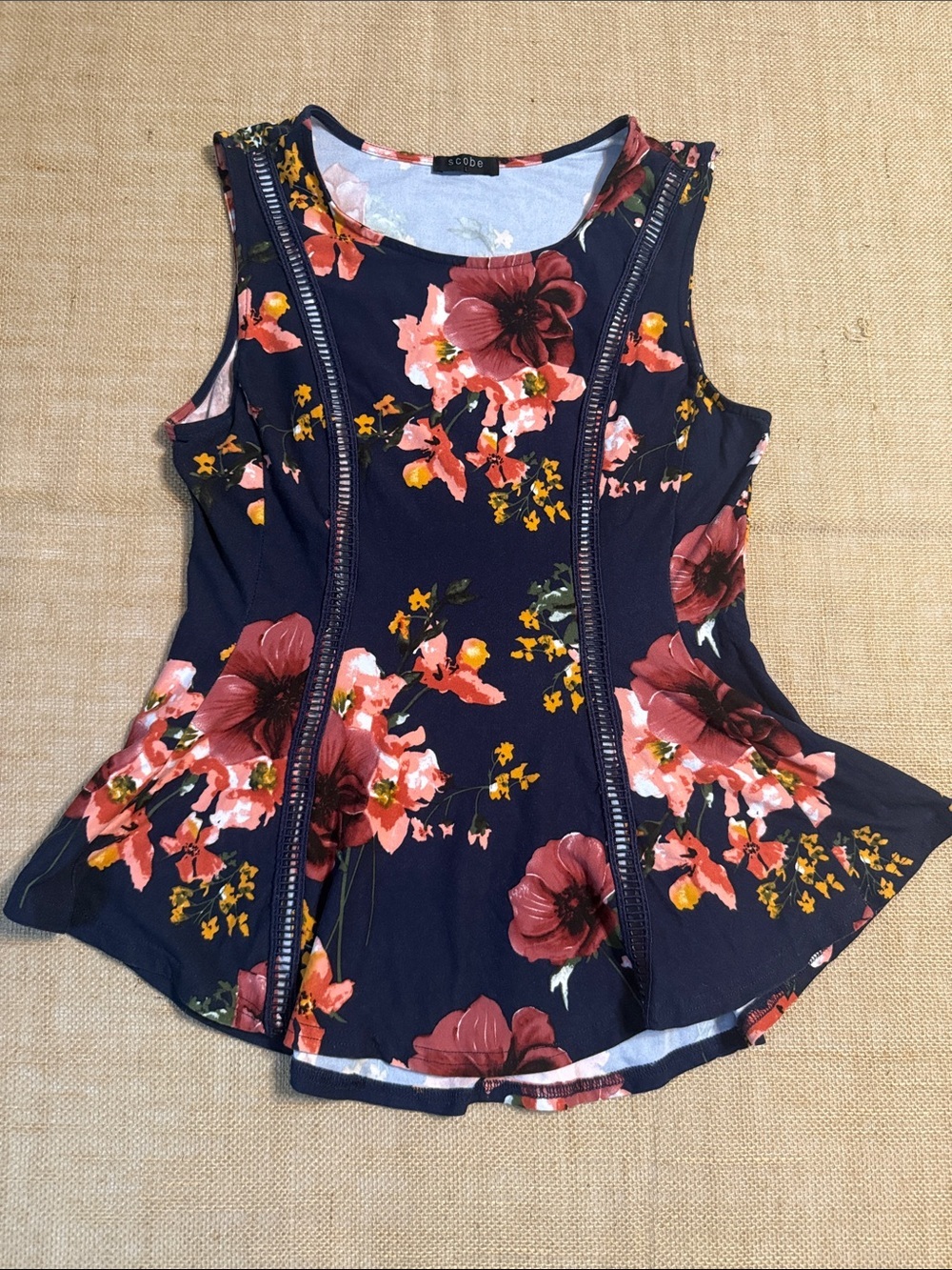 Navy Floral Scoop Neck Tank Top